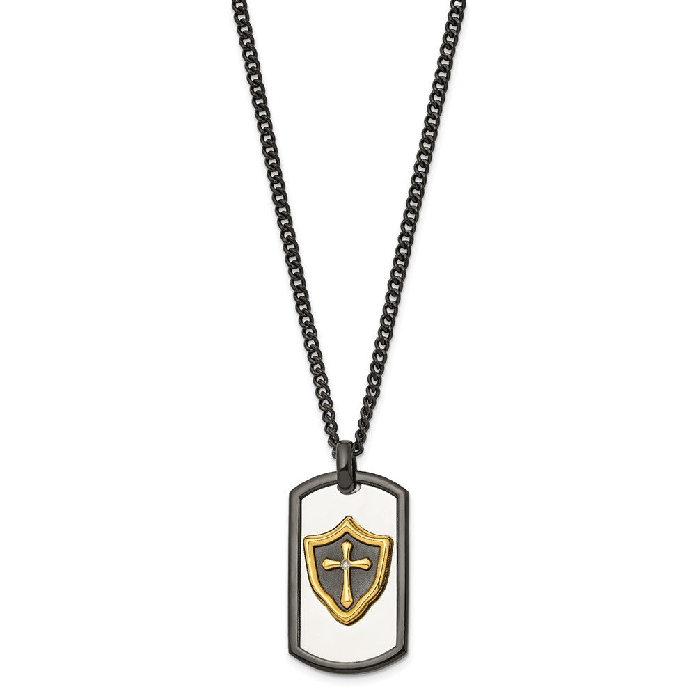 Stainless Steel Polished Black Yellow IP CZ HERO Dog Tag 24in Necklace