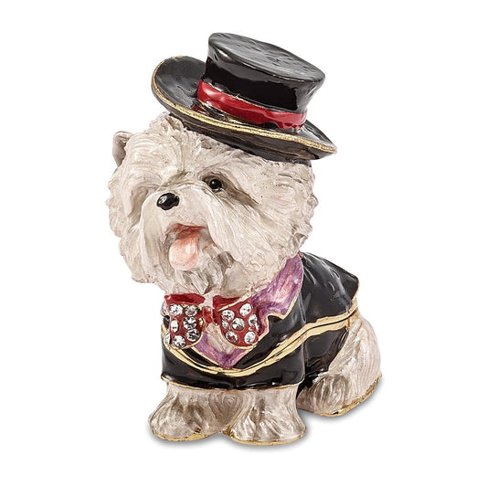 Jere Luxury Giftware Bejeweled R. BUTLER Tuxedo Dog Pewter and Enamel Trinket Box and Matching Pendant Charm