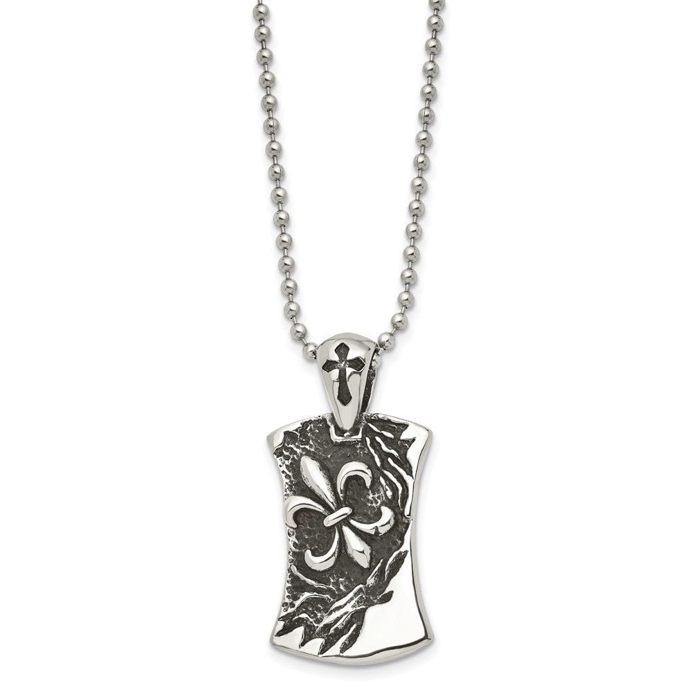 Stainless Steel Antiqued and Polished Fleur de lis Dog Tag 22in Necklace
