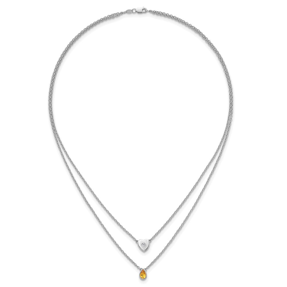 White Ice Sterling Silver Rhodium-plated 18 inch Diamond Heart and Citrine Teardrop Necklace plus 2 inch Extender