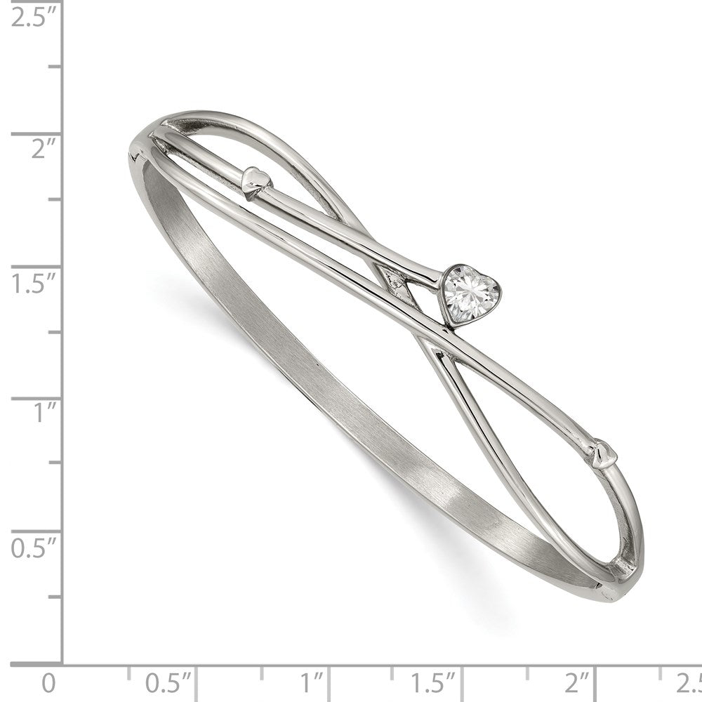 Stainless Steel Polished Heart CZ Hinged Bangle 6.75 inches