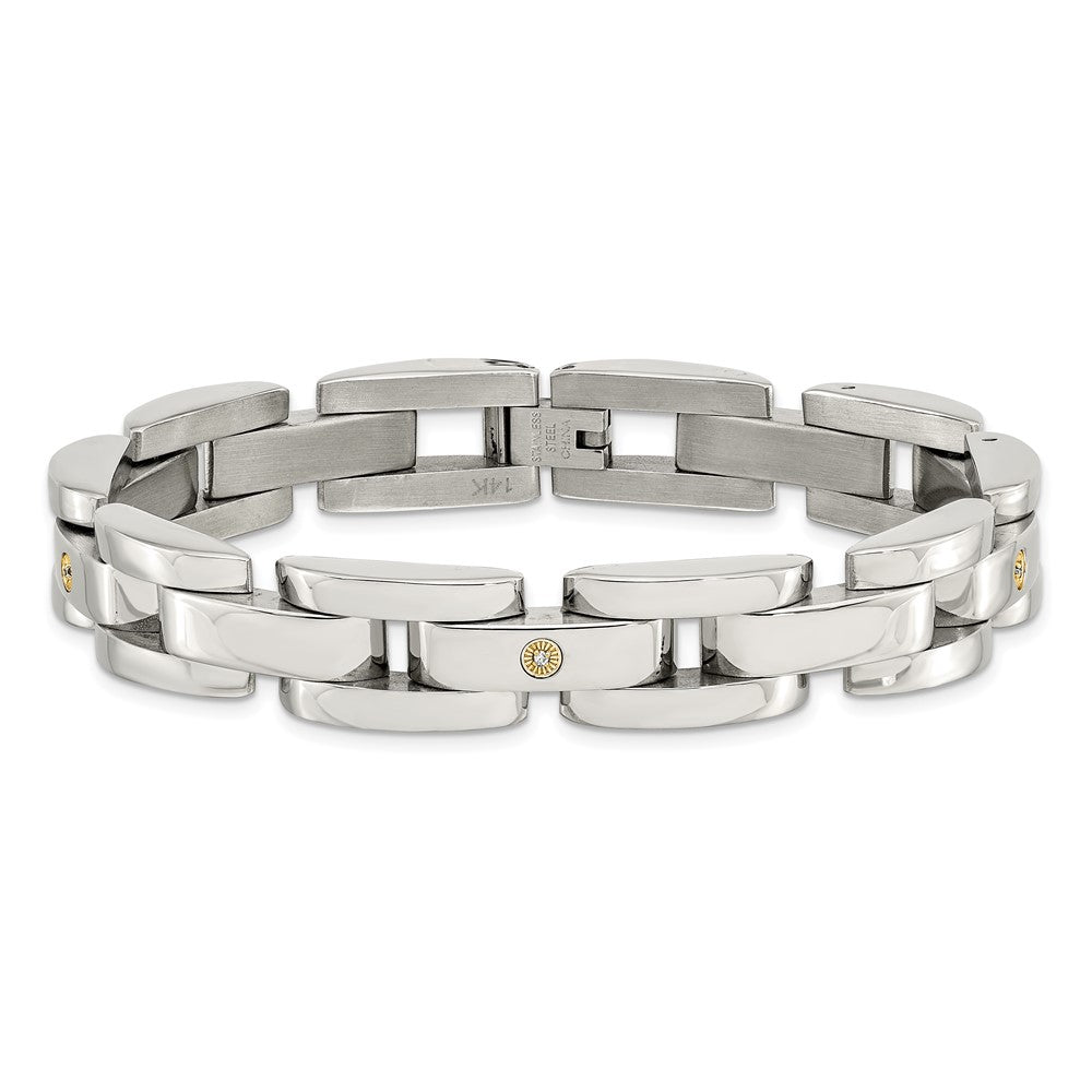 Stainless Steel 8.5in Polished with14k White Gold & Diamonds Bracelet 8.5 inches