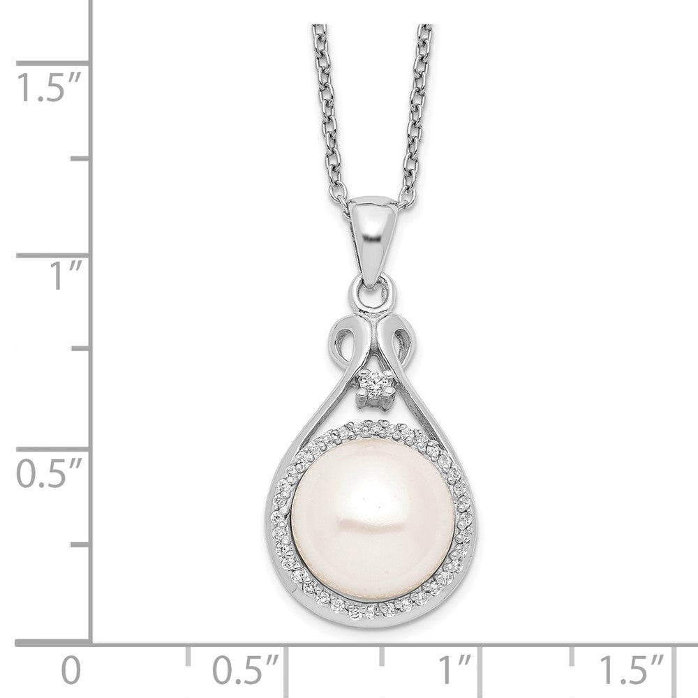 Sterling Silver Rhodium-plated 10-11mm White Button Freshwater Cultured Pearl and CZ 17 inch Necklace 17 Inches