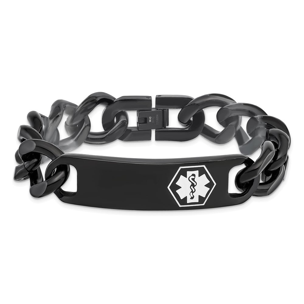 Chisel Stainless Steel Polished Black IP-plated with White Enamel Medical ID 8.25 inch Curb Chain Bracelet 8.25 inches