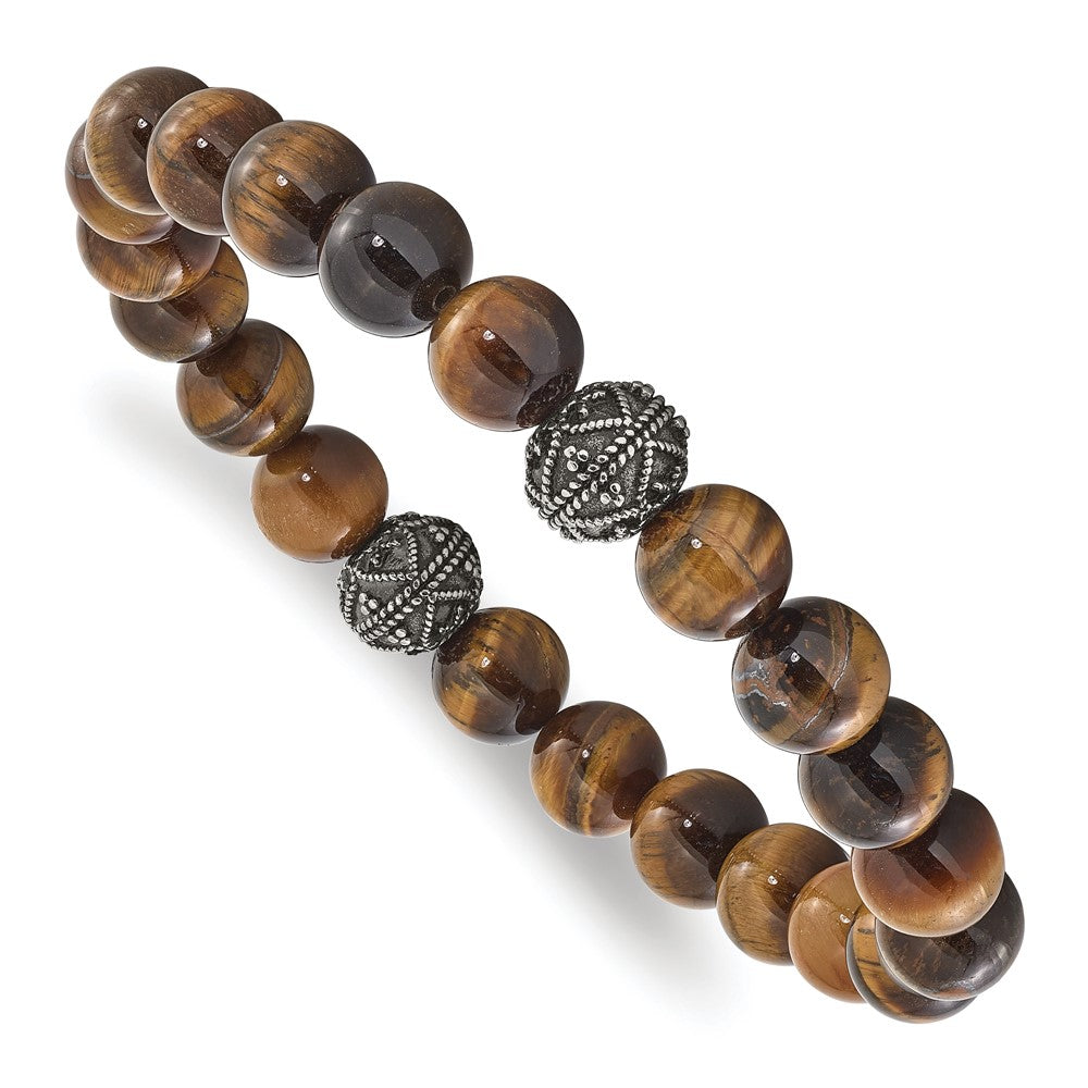 Stainless Steel Antiqued and Polished Tiger's Eye Stretch Bracelet 8 inches