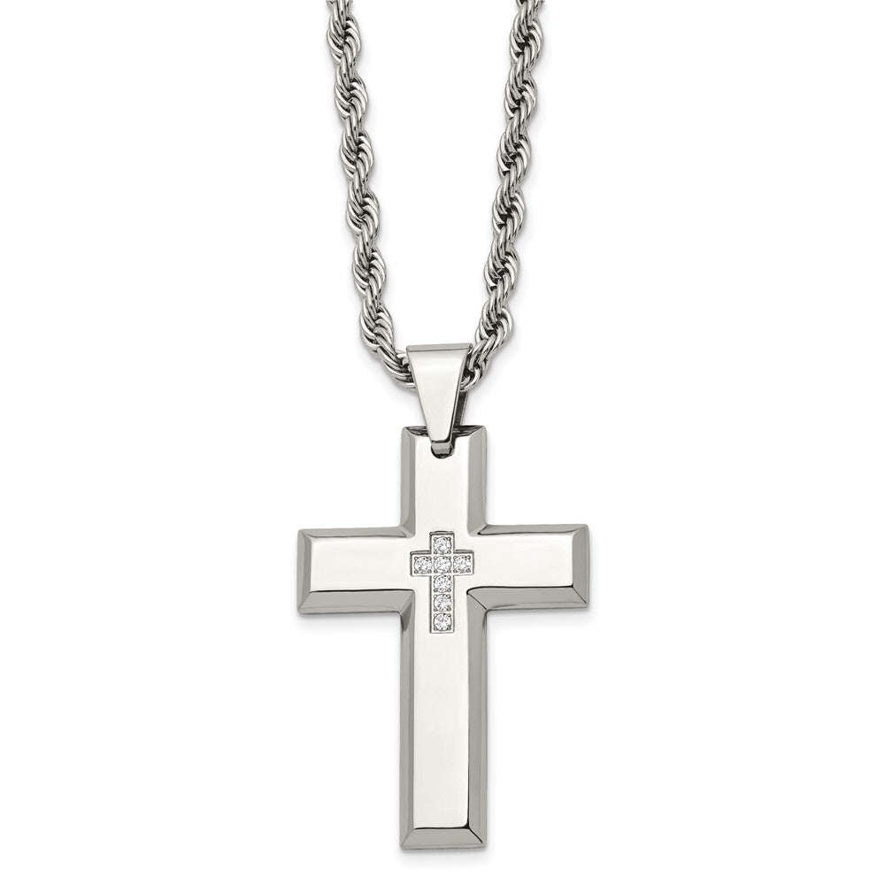 Stainless Steel Polished w/CZ Cross 24in Necklace