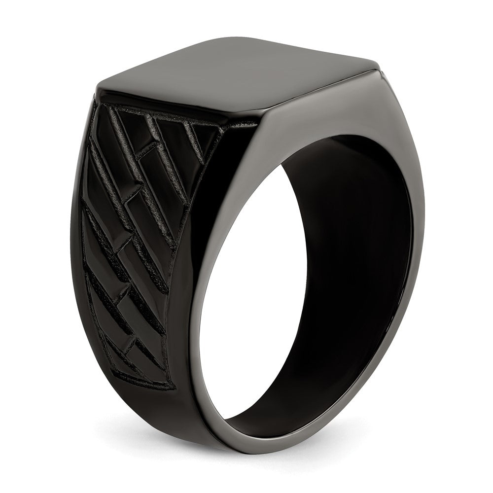 Stainless Steel Polished Black IP-plated Brick Design Signet Ring Size - 11