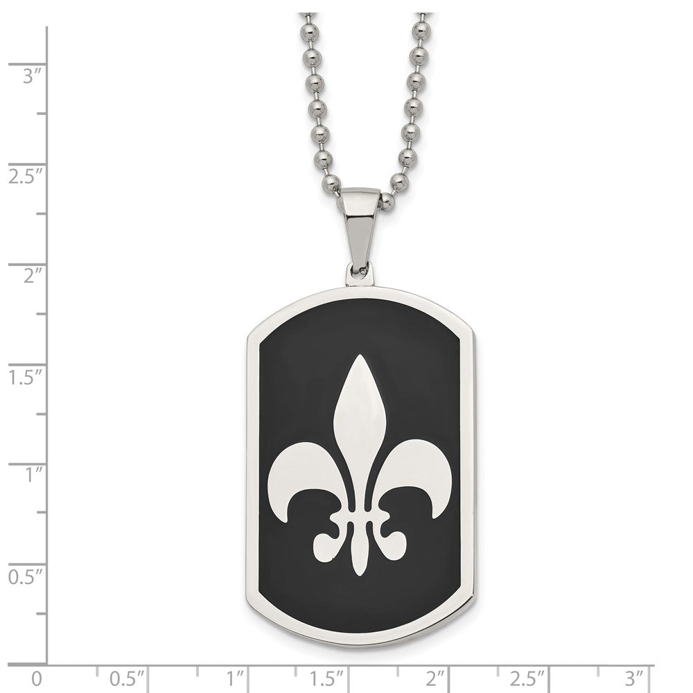 Stainless Steel Polished Black IP-plated Fleur de lis Dog Tag 24in Necklace
