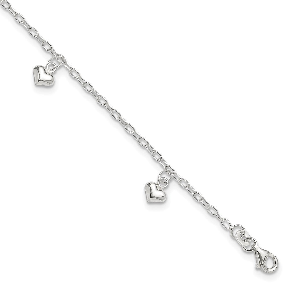 Sterling Silver Polished Puffed Heart 9in Plus1in Ext Anklet 9 inches