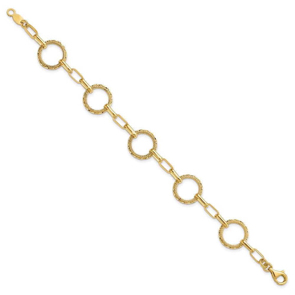 14K Polished/Dia-cut/Textured Circles Fancy Link Bracelet 7  inches