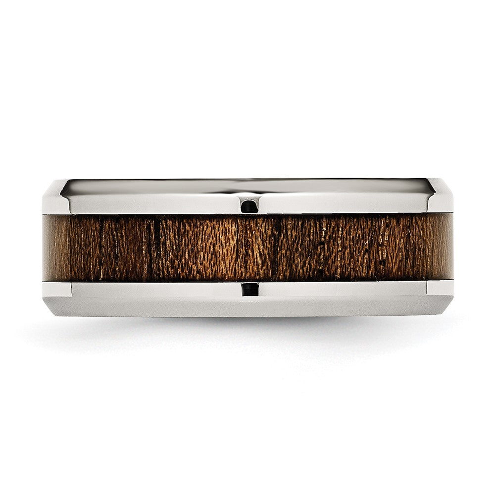 Stainless Steel Polished w/Koa Wood Inlay Enameled 8mm Band Size - 12.5