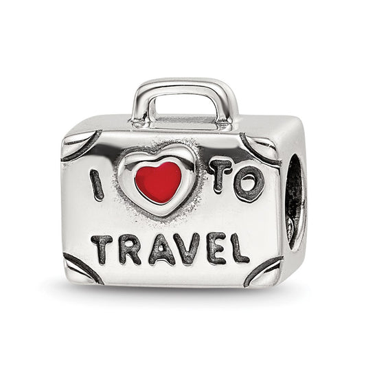 Sterling Silver Reflections Antiqued Enamel I Heart To Travel Suitcase Bead