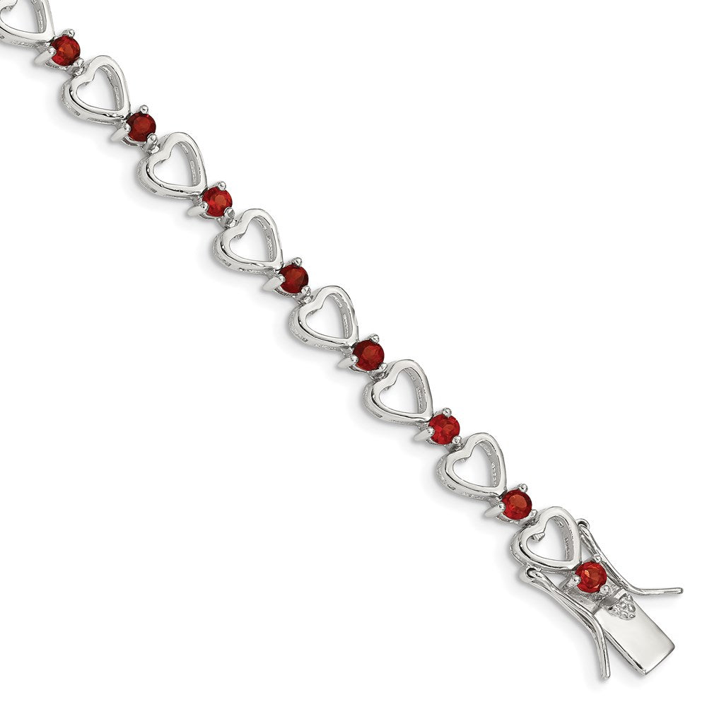 Sterling Silver Rhodium-plated Garnet Heart Bracelet 7 inches