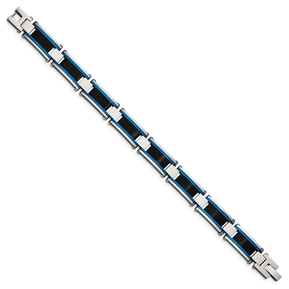 Stainless Steel Brushed and Polished Black & Blue IP-plated 8.75in Bracelet 8.75 inches