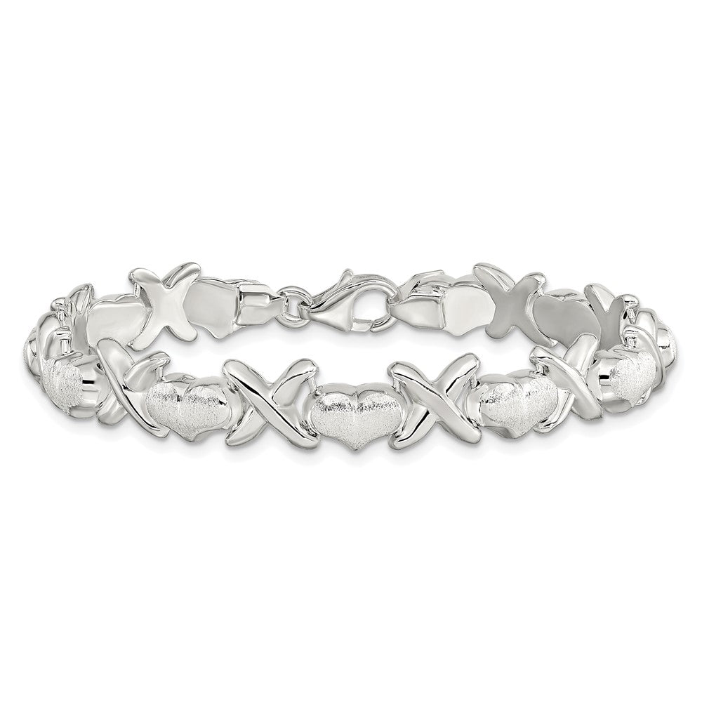 Sterling Silver Polished and Satin X and Hearts Bracelet 8 inches