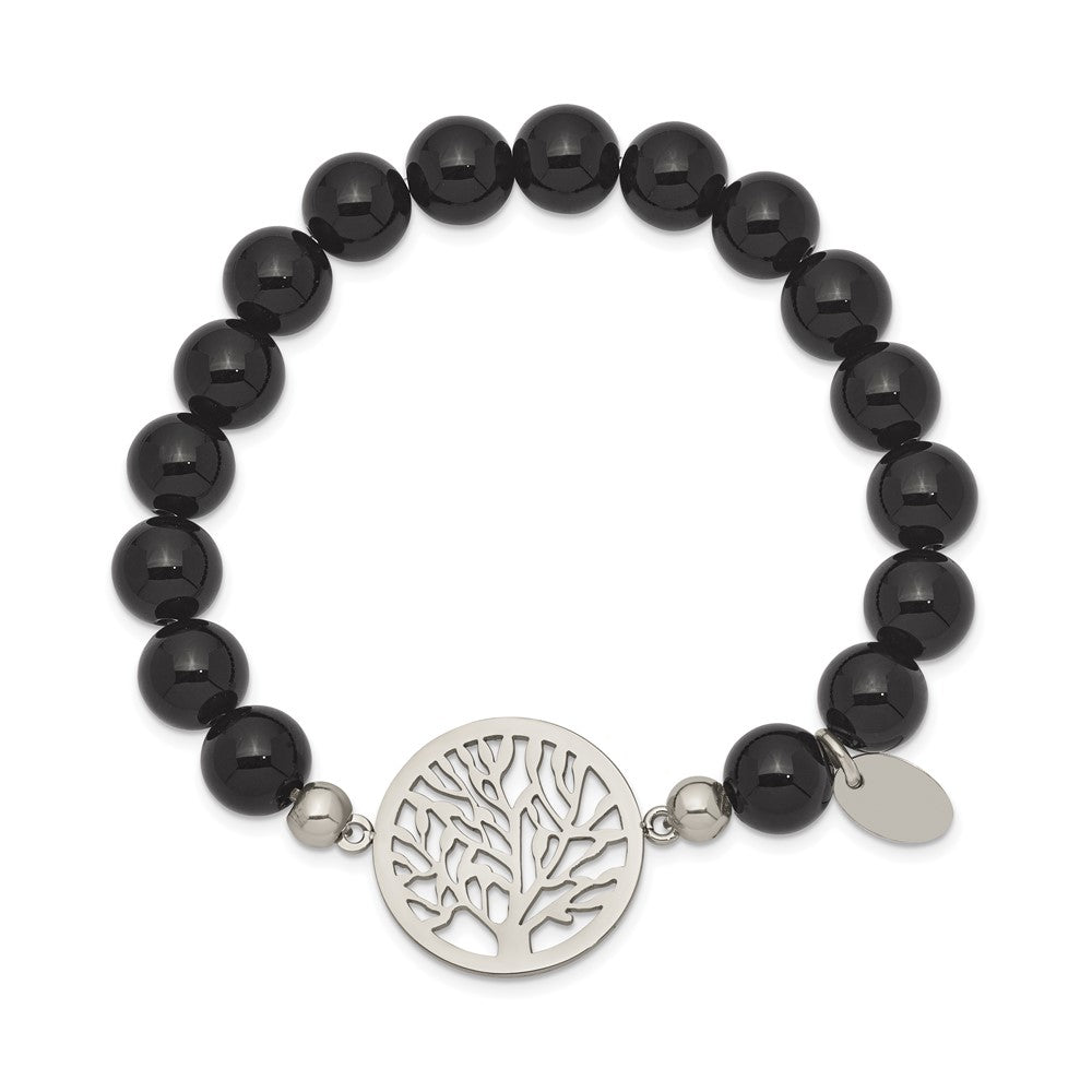 Stainless Steel Polished Tree of Life Black Agate Beaded Stretch Bracelet 6.25 inches