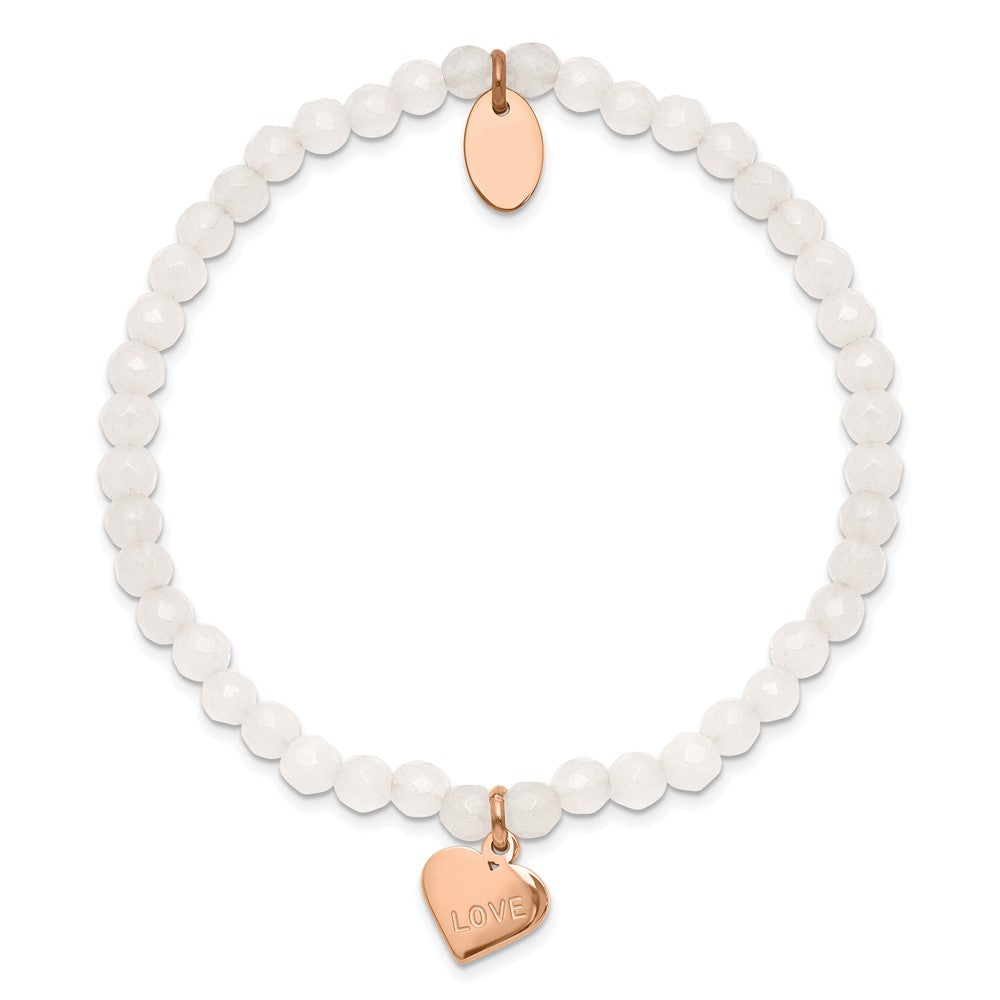 Stainless Steel Polished Rose IP-plated LOVE Heart Jade Stretch Bracelet 6.25 inches