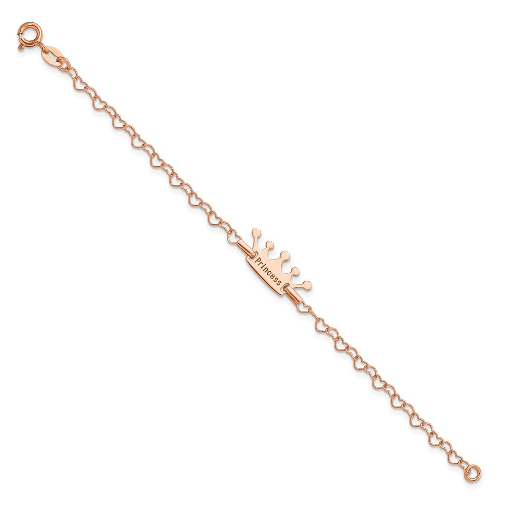 Sterling Silver Rose-tone Princess Crown Heart Link Children's Bracelet 6 inches