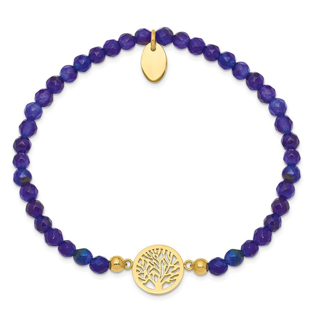 Stainless Steel Polished Yellow IP Tree of Life Blue Jade Stretch Bracelet 6.5 inches