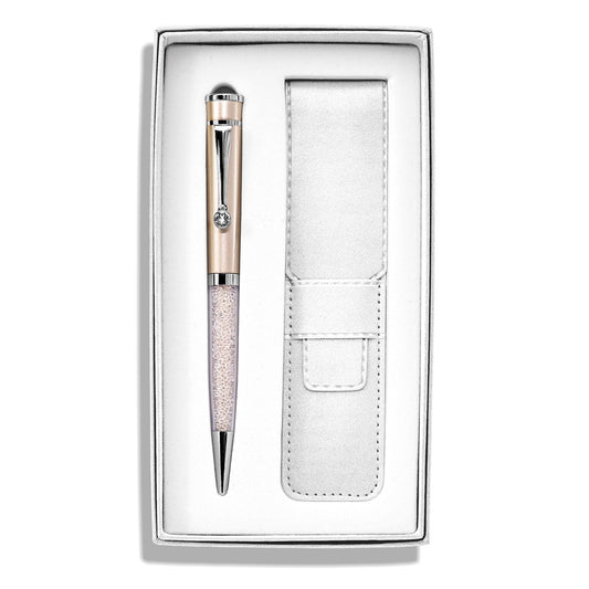Luxury Giftware by Jere Champagne Crystal Filled Ballpoint Pen with White Vinyl Pouch Set