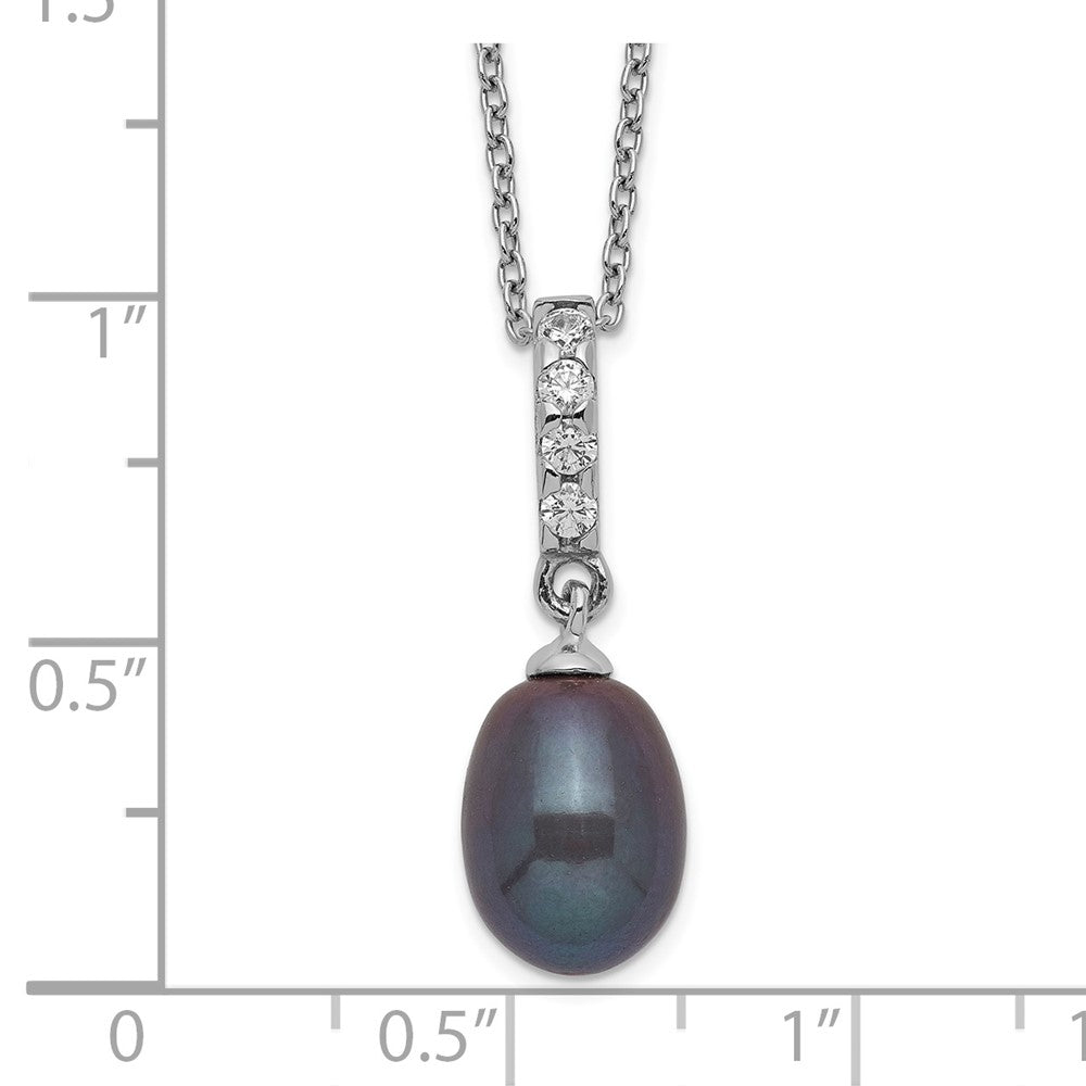 Sterling Silver Rhodium-plated 8-9mm Black Teardrop Freshwater Cultured Pearl and CZ 17 inch Necklace 17 Inches