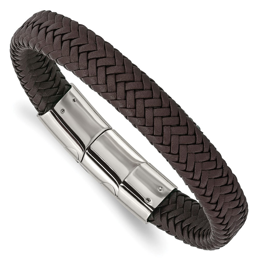 Stainless Steel Polished Woven D.Brown Leather 8in w/.5in ext Bracelet 8 inches