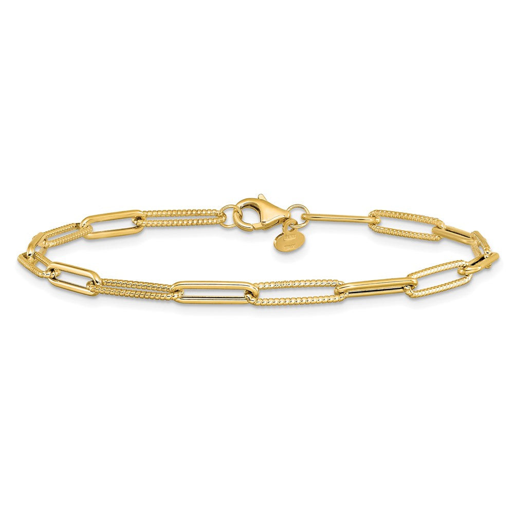 14K Polished and Textured Paperclip Link Bracelet 7.5  inches
