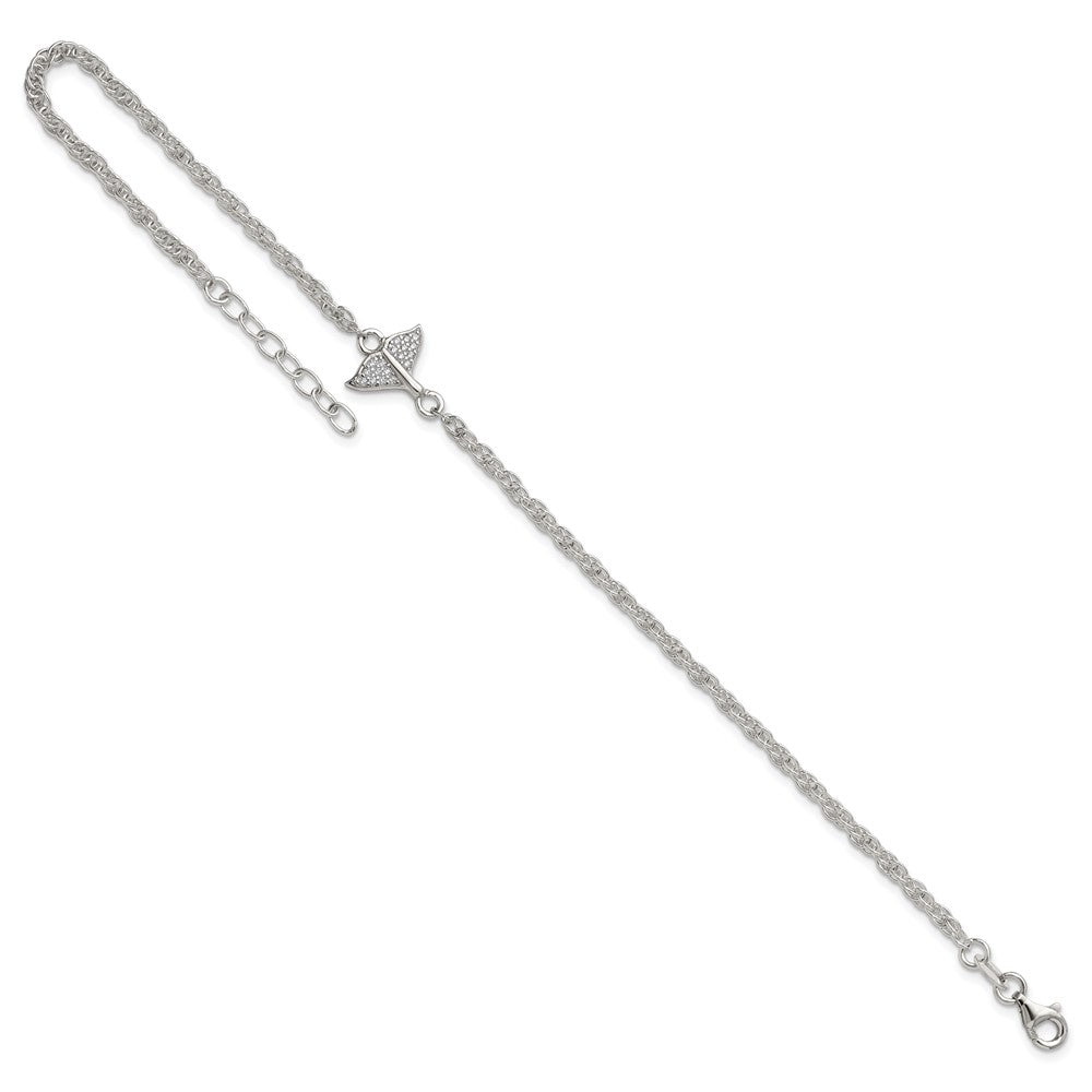 Sterling Silver Polished White CZ Whale Tail 9 inch with 1 inch Extension Anklet