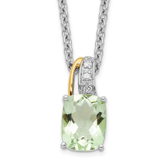 Brilliant Gemstones Sterling Silver with 14K Accent Rhodium-plated Green Quartz and Diamond 18 Inch Necklace with 2 Inch Extender 17 Inches