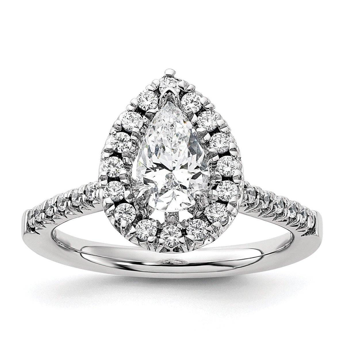 14k White Gold 3/8 carat Lab Grown Diamond VS/SI+ G+ 1 carat Center Pear Semi Mount Halo Engagement Ring