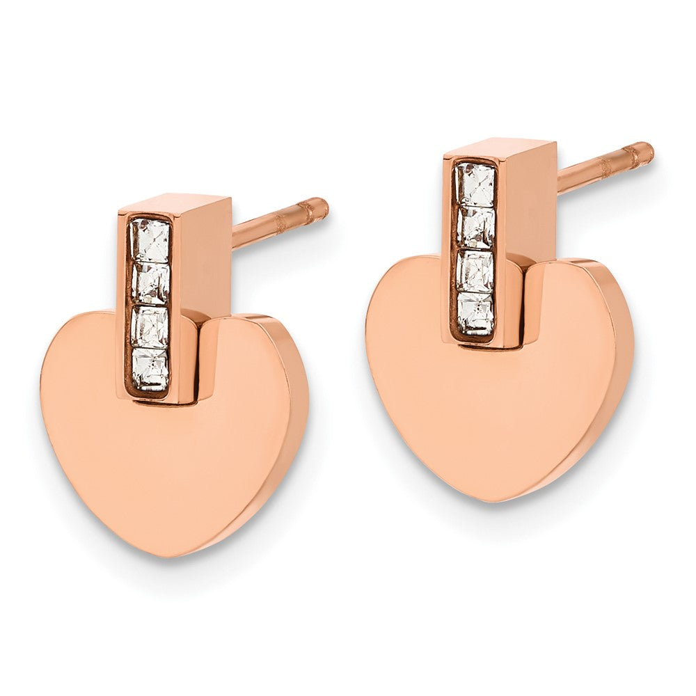 Stainless Steel Polished Rose IP-plated Heart with CZ Earrings