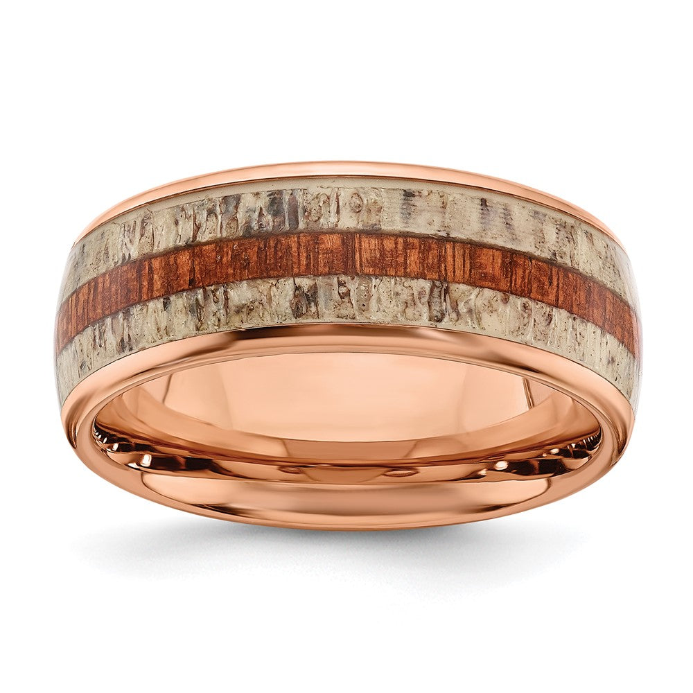 Stainless Steel Polished Rose IP w/Wood and Antler Inlay 8mm Band Size - 11.5