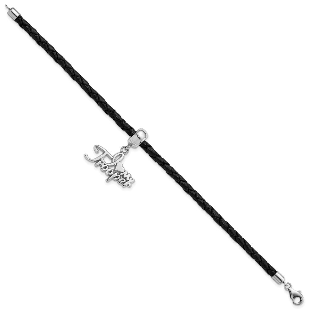 Sterling Silver Polished I Heart My Trooper Bead Leather Bracelet