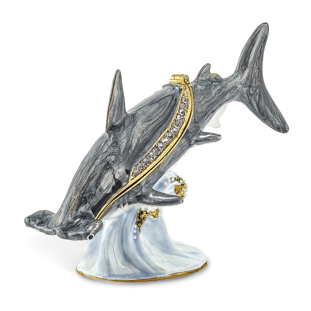 Luxury Giftware Pewter Bejeweled Crystals Gold-tone Enameled CLOBBER Hammerhead Shark Trinket Box with Matching 18 Inch Necklace Q-BJ4003
