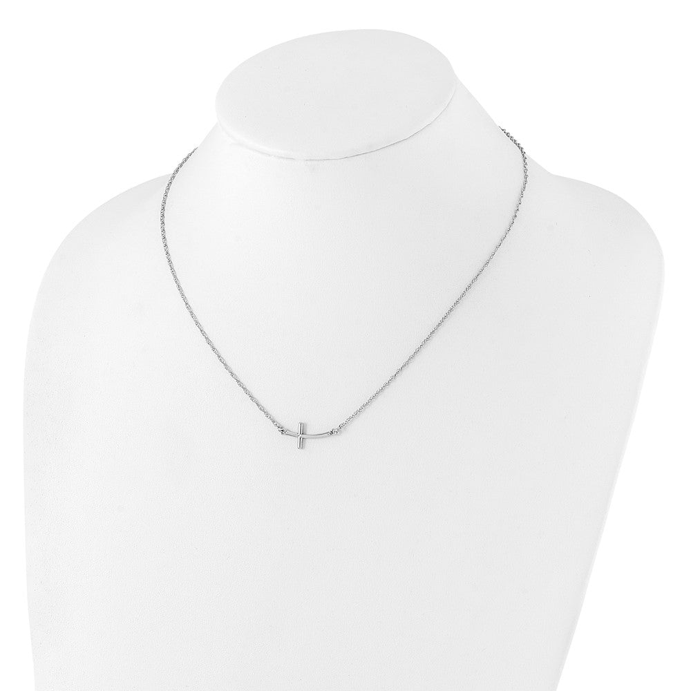 Sterling Silver Rhodium-plated Small Sideways Curved Cross Necklace 18 Inches