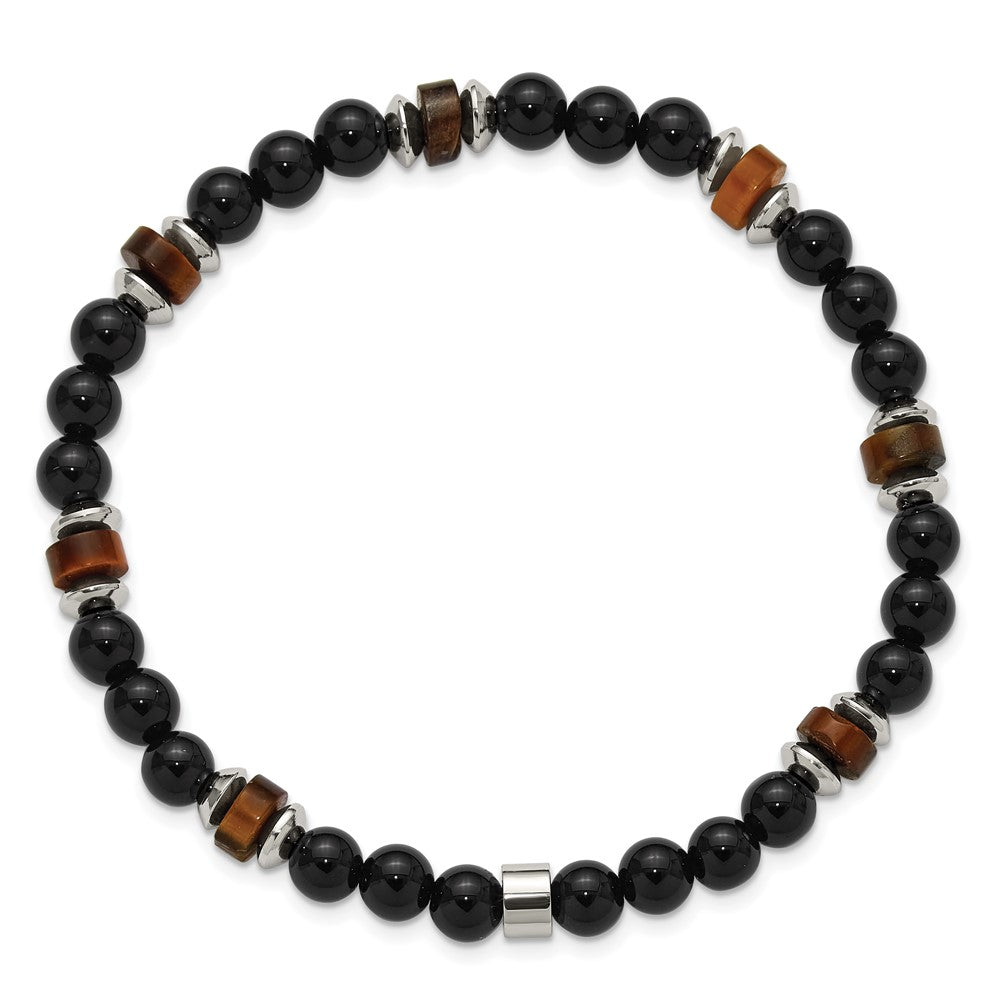 Chisel Stainless Steel Polished 6.710mm Black Onyx and Tiger's Eye Beaded 7.75 inch Stretch Bracelet 7.25 inches