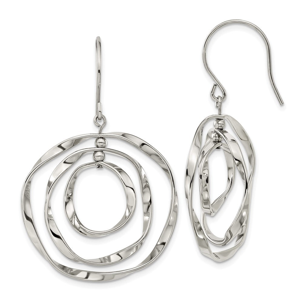 Stainless Steel Polished Wavey Circles Shepherd Hook Dangle Earrings