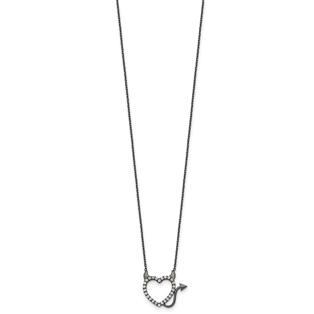 Sterling Silver Black Ruthenium Plated Devil Heart CZ 16 inch Necklace 16 Inches