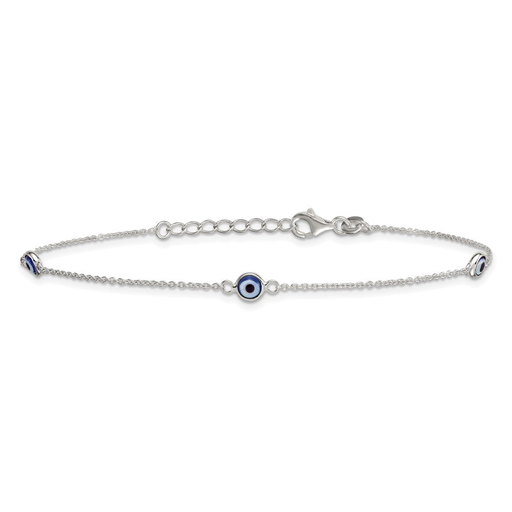 Sterling Silver Polished and Glass Evil Eye 9 inch with 1 inch Extension Anklet