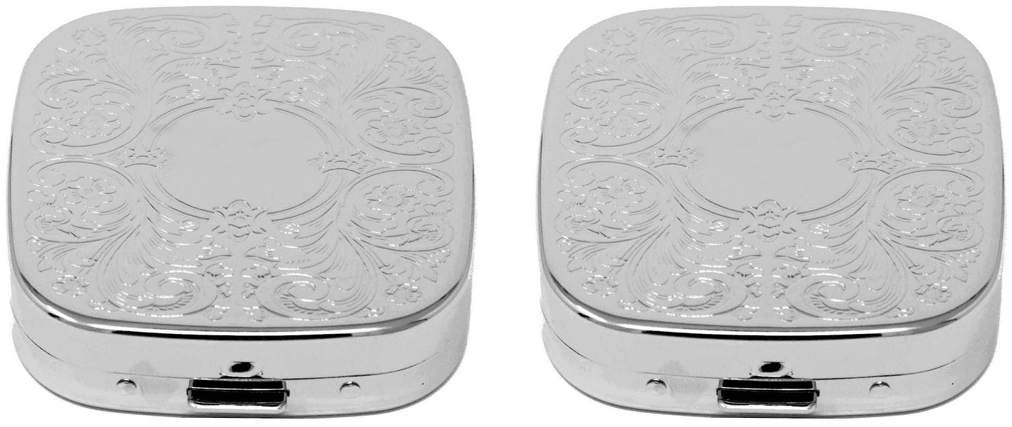 Set of 2 Square-Shaped Pocket Purse Pill Box With Mirror (Silver Etched Victorian Print - Engraveable)