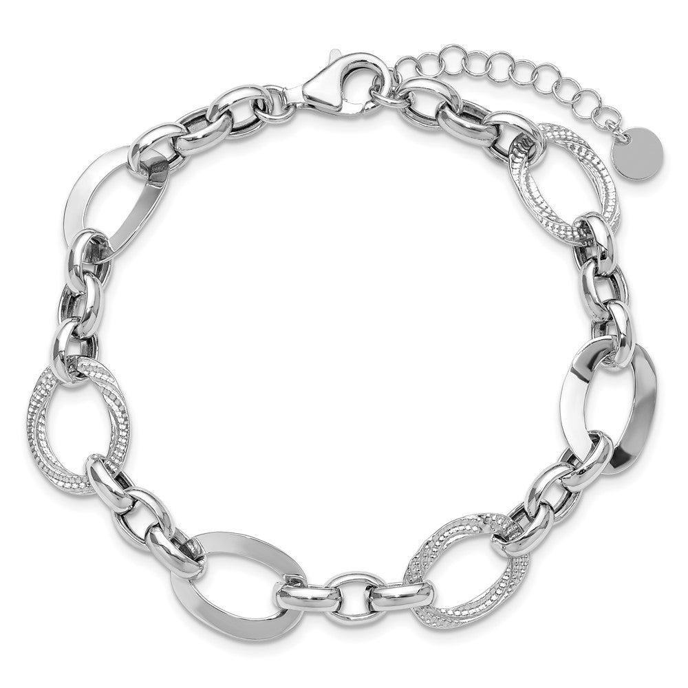 SS RH-plat Polish/Textured Fancy Link w/1.25in ext. Bracelet 8.75  inches
