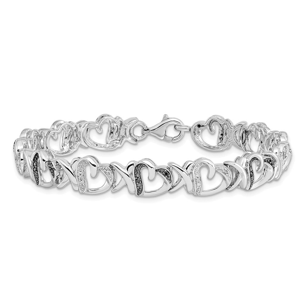 White Night Sterling Silver Rhodium-plated Black and White Diamond Heart 7.5 Inch Bracelet 7.5 inches