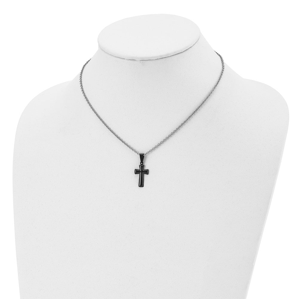 Stainless Steel Polished Black IP-plated Small Pillow Cross 16in Necklace