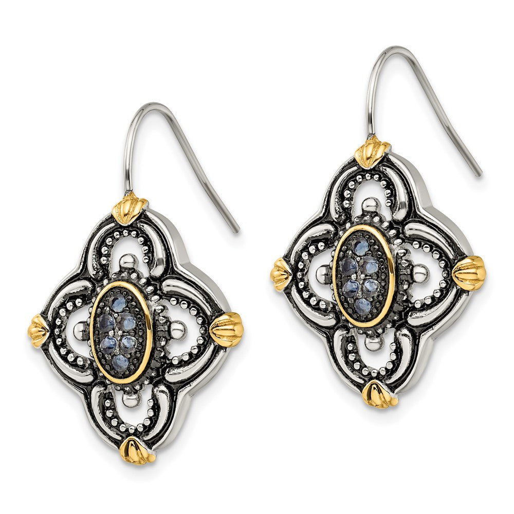 Stainless Steel Antiqued Polished & Textured Yellow IP Blue Glass Earrings