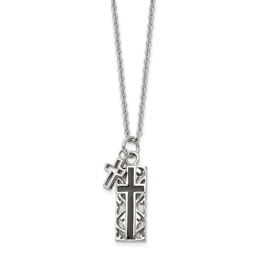 Stainless Steel Polished Black IP-plated 2 piece Cross 20in Necklace