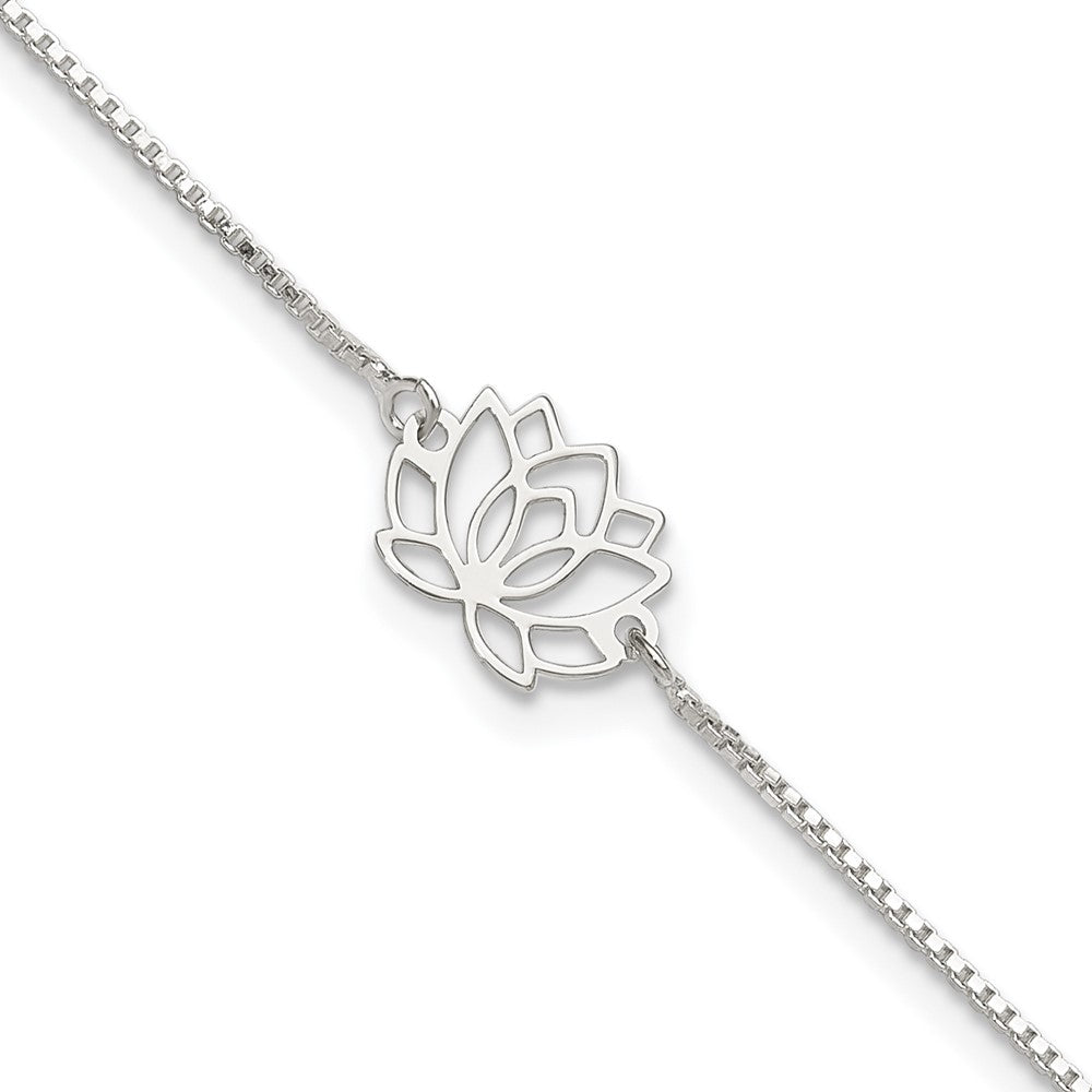 Sterling Silver Lotus with Blue Fabric Tassel 9in Plus 1in ext. Anklet 9 inches
