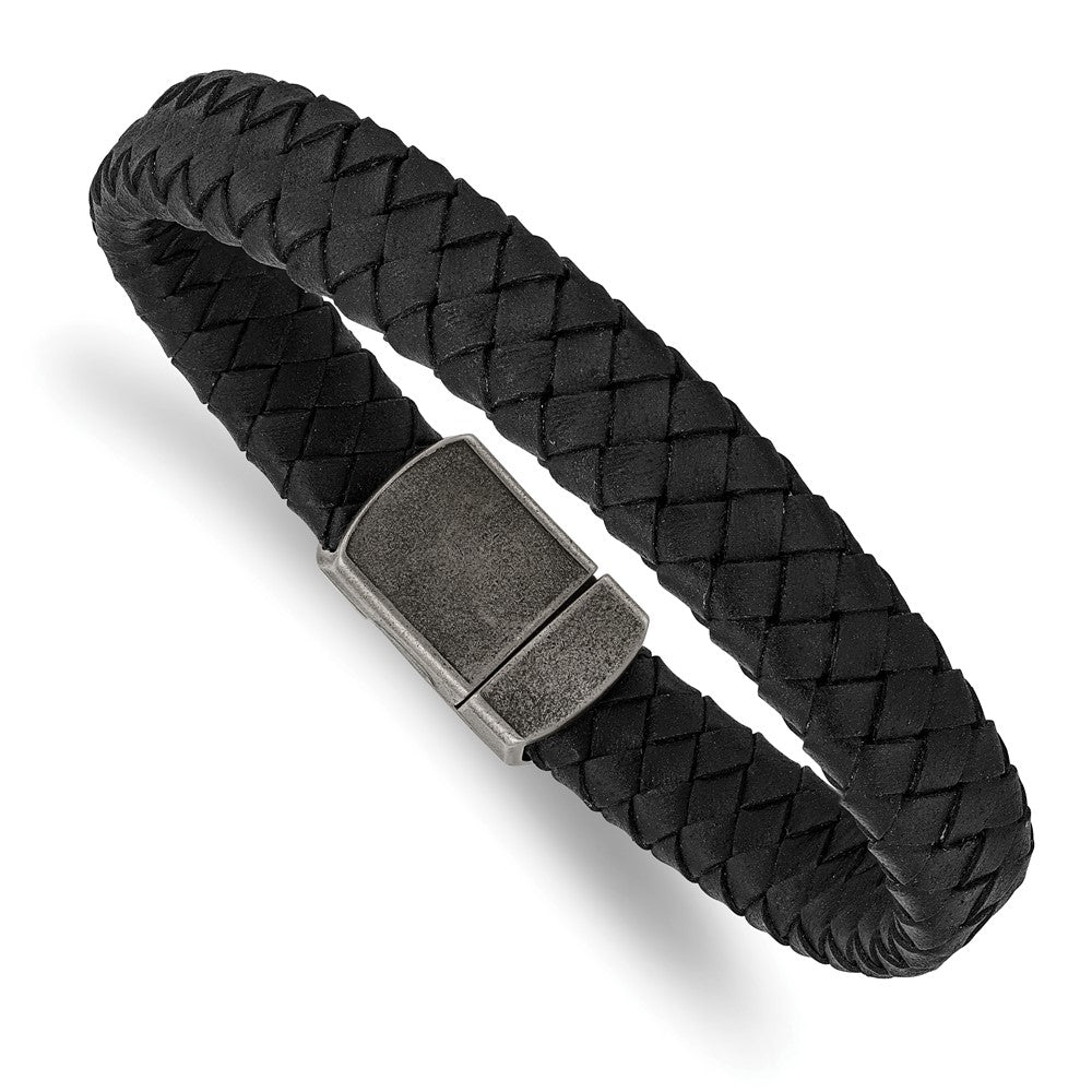 Stainless Steel Antiqued Black Leather 8.25in Bracelet 8.25 inches