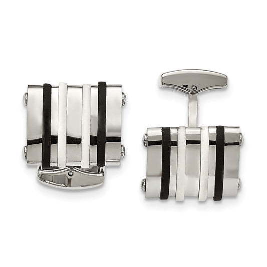 Stainless Steel Polished Black/White Rubber Bands Rectangle Cuff Links