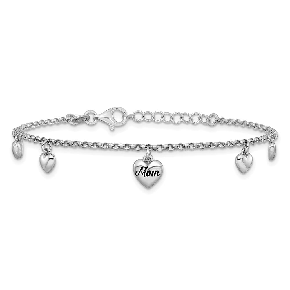 Sterling Silver Rh-plat Heart Enamel Mom Heart 6.5in w/.75in ext Bracelet 7.25 inches