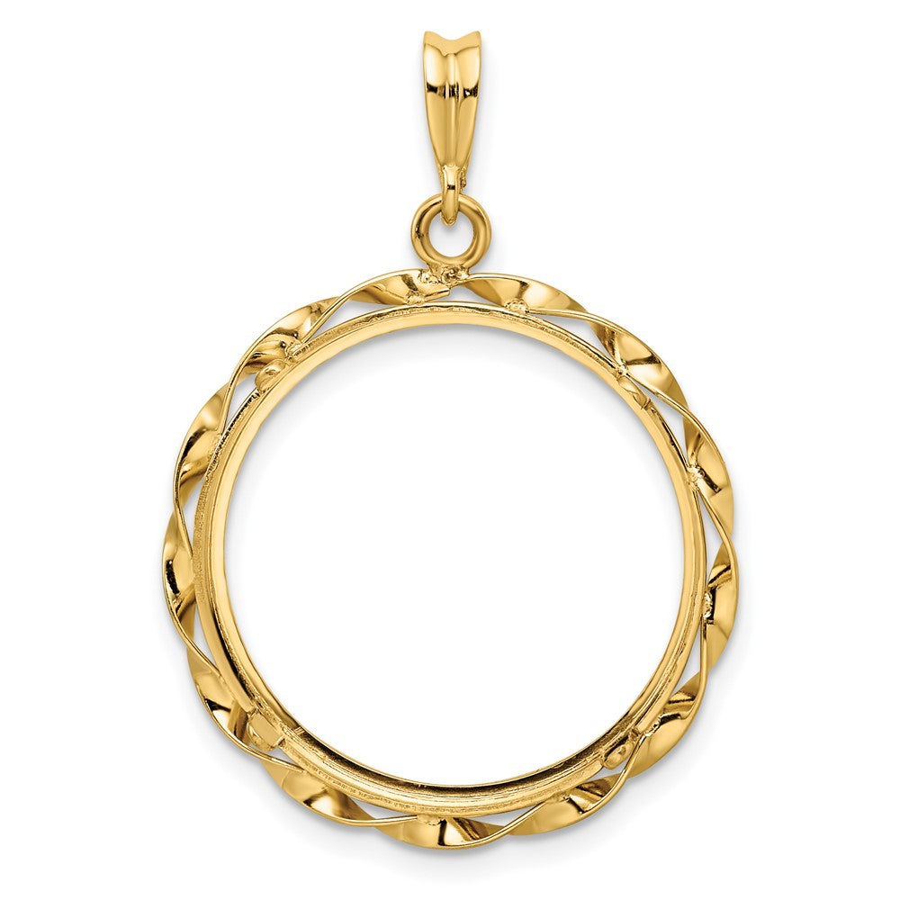 Wideband Distinguished Coin Jewelry 14k Polished Hand Twisted Ribbon 22.0mm Prong Coin Bezel Pendant